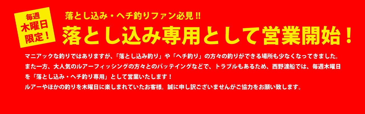 毎週木曜日は、落とし込み釣り・ヘチ釣り専用となります！